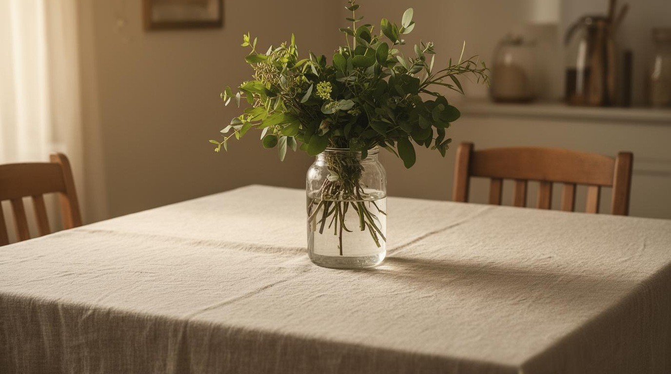 A dining table with a plain linen cloth and simple greenery in a jar